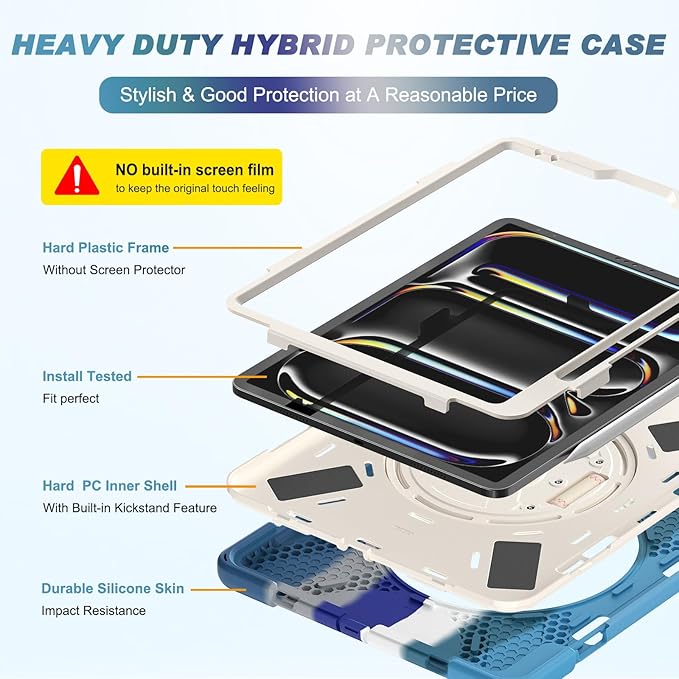 Batianda Case for iPad Pro 13-inch 2025 M5 2024 M4 Chip Heavy Duty Rugged Durability Silicone Tablet Cover with 360° Rotating Hand Strap Foldable Hidden Stand &amp Shoulder Strap Colorful Blue