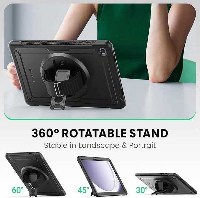 SEYMAC for Samsung Galaxy Tab A9+ Plus Case 11 2023 (SM-X210/X216/X218) Full-Body Shockproof Protective Case with Screen Protector Rotating Stand and Hand/Shoulder Strap Black