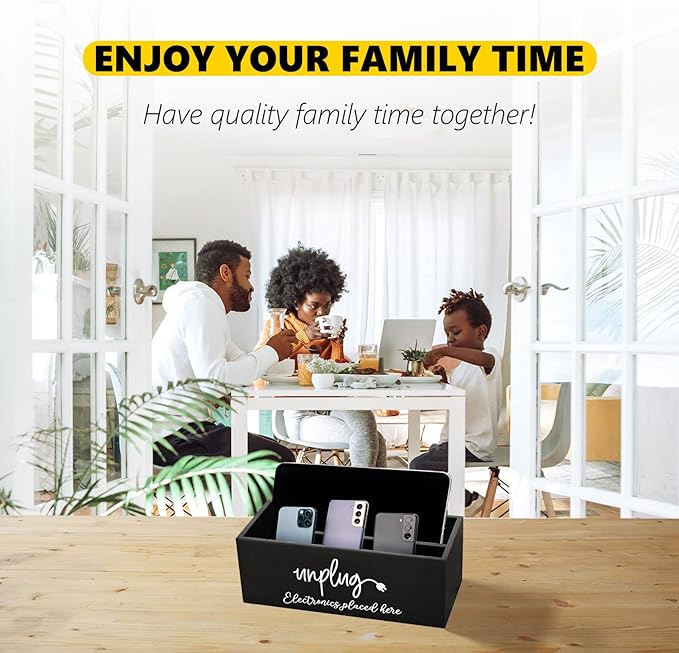 CHONIC Unplug Box Farmhouse Style Be Present Basket Cell Phone Jail Family Time Out Charging Station for Phone Tablet Electronics Holder (Black)