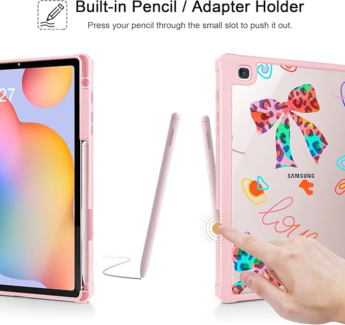 Mektron Case for Samsung Galaxy Tab S6 Lite 10.4 Inch 2024/2022/2020 with S Pen Holder Multi-Angle Viewing with Shockproof Cover Clear Shell + Trifold Stand + Auto Wake/Sleep Neon Bows-Pink