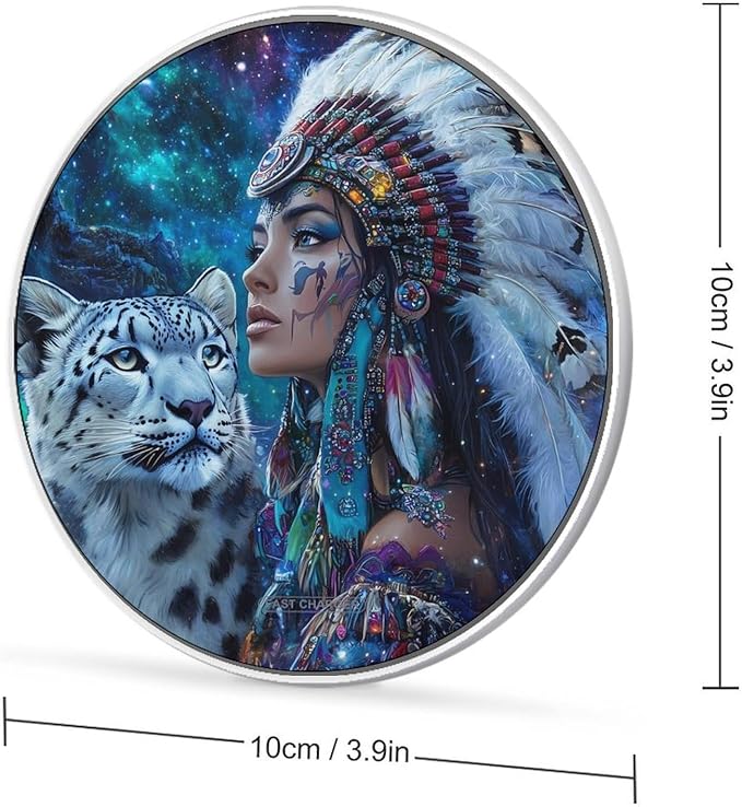 Native USA Lady Snowy Leopard Wireless Charger Anti-Slip Wireless Charging Pad Slim Charger Mat for Men Women
