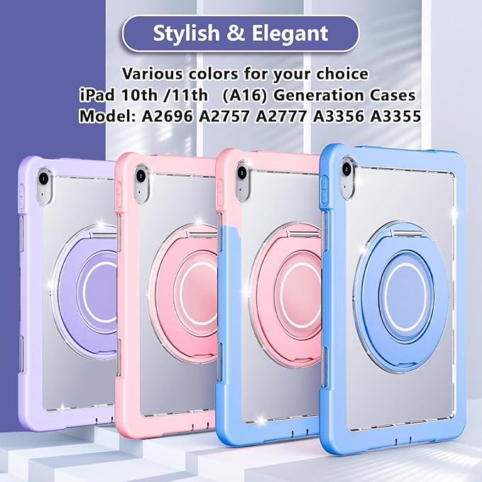 Case for iPad (A16) 11th /10th Generation 11 Inch 2025/10.9 inch 2022with Screen Protector360 Rotating Metal StandClear BackHeavy Duty Shockproof for Kids Case Blue