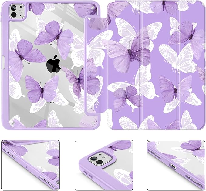 May Chen Case for iPad Pro 11-Inch M5/M4 2025/2024 (6th/5th Generation) Clear Transparent Print Back Shell Slim Stand Shockproof Tablet Cover Auto Wake/Sleep Butterfly P787