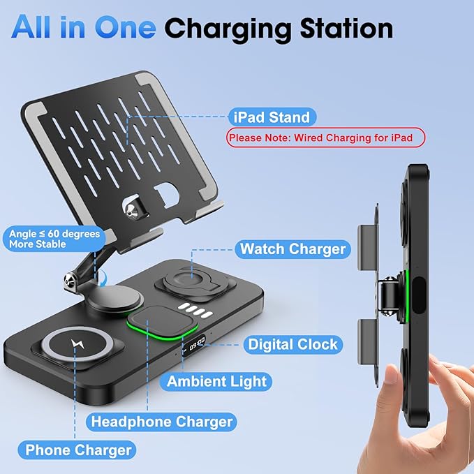 6 in 1 Wireless Charger for Apple Multiple Devices Charging Station with Clock &amp7 Color Ambient Light Foldable Rotate Stand for iPad for iPhone17/16/15 Support for Apple Watch11/10 For AirPods