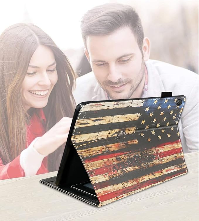 Case for Amazon Kindle Fire 7 Tablet (7 9th/7th Generation 2019/2017 Release) Slim PU Leather Cover with Card Slot &amp Auto Wake/Sleep Retro Wooden American Flag