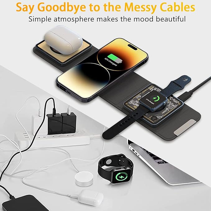 Mag-Safe 3 in 1 Charging Station for Apple [with 25W Adapter] Foldable Magnetic Wireless Charger 15W Fast Charging Pad Travel Charger for Multple Devices for iPhone 15 14 13 12 Apple Watch AirPods