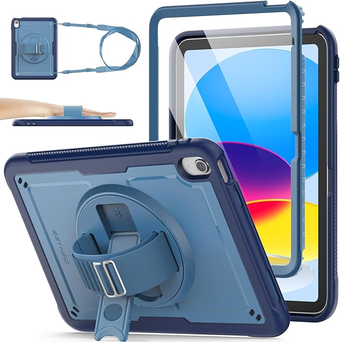 SEYMAC stock Case for iPad A16 11-inch Case 2025/ for iPad 11th/ 10th Generation 10.9'' 2022 Protective with Screen Protector Pen Holder Rotate Stand Loop Nylon Hand Strap Shoulder Strap Blue