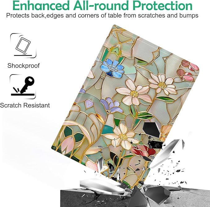 Compatible with iPad Air 13 inch Case (M3 2025 /M2 2024)/12.9 inch Case (6th/5th/4th/3rd 2022/2021/2020/2018) with Pencil HolderAuto Wake/Sleep Protect CoverVintage Stained Glass Flowers