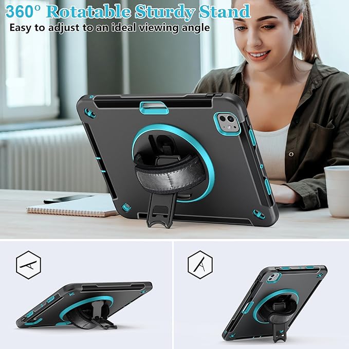 Case for iPad Pro 13 Inch M5 2025/ M4 2024: Military Grade Cover for iPad Pro 13 with Screen Protector - Stand - Handle - Shoulder Strap - Pencil Holder-Mint Green