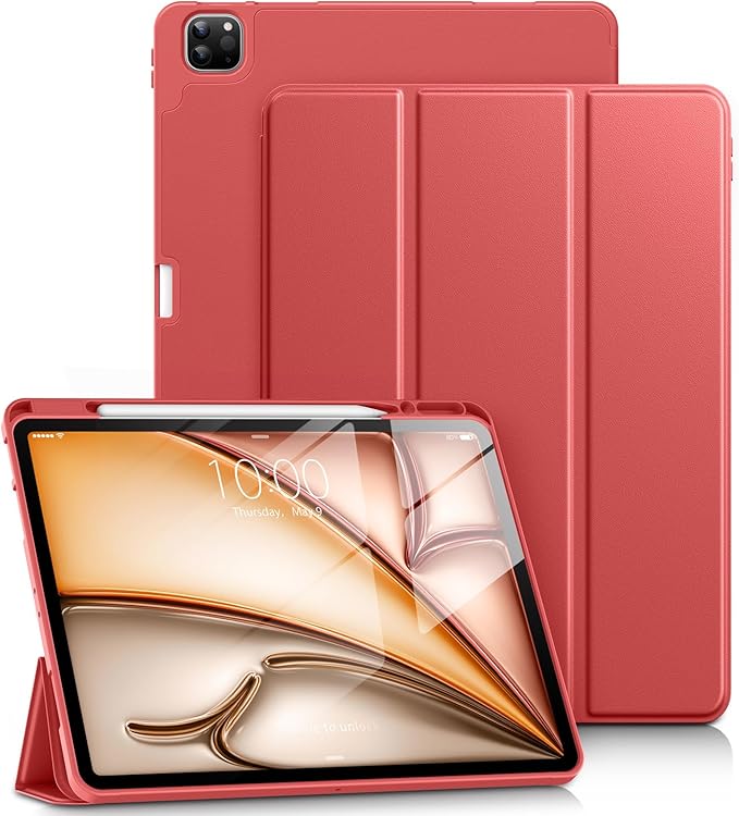 DTTO for iPad Air 13 Inch Case M4/M3/M2 2026/2025/2024 iPad Pro 12.9 Inch Case (6th/5th/4th/3rd Gen) Smart Slim Trifold Stand Soft Cover with Pencil Holder Red