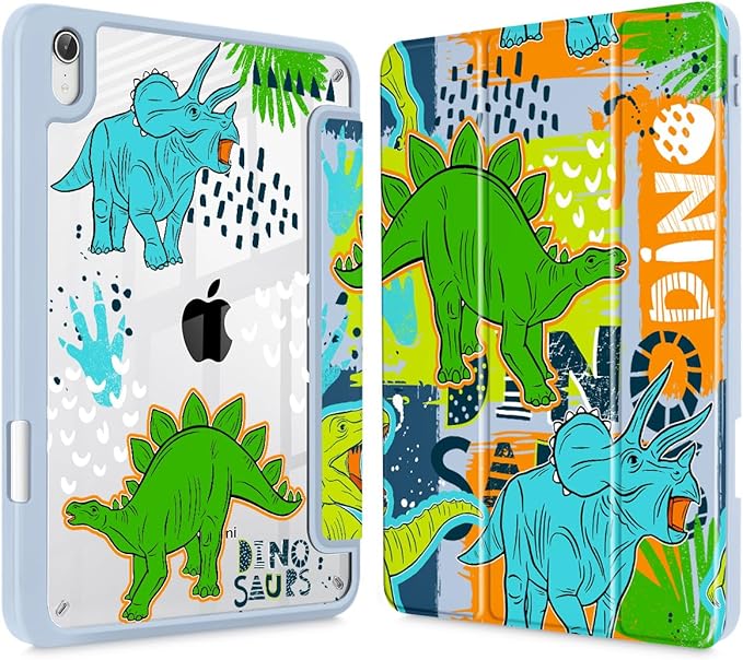 May Chen Slim Case for iPad mini 7 (A17 Pro 7th Generation) 2024 / iPad mini 6 (6th Gen) 8.3 Inch [Built-in Pencil Holder] Shockproof Cover Clear Clear Back Shell Auto Wake/Sleep Dinosaur