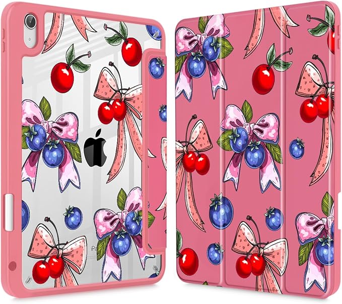 Tuiklol for 2025 iPad (A16 Chip) 11th Generation 11 inch/iPad 10th Generation 10.9 inch 2022 Case Buit in Pencil Holder with Clear Back Shell Cover Trifold Stand Auto Wake/SleepBerries Ribbons