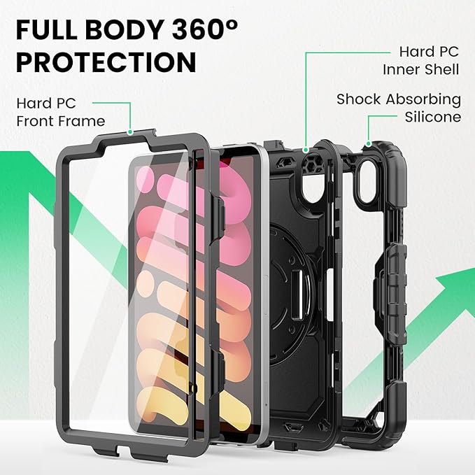 SEYMAC Case for iPad mini 7 (A17 Pro) 2024/ Mini 6 8.3″ Full-Body Shockproof Protective Case with Screen Protector 360° Rotating Stand Hand/Shoulder Strap for iPad mini 7th/ 6th Generation Black