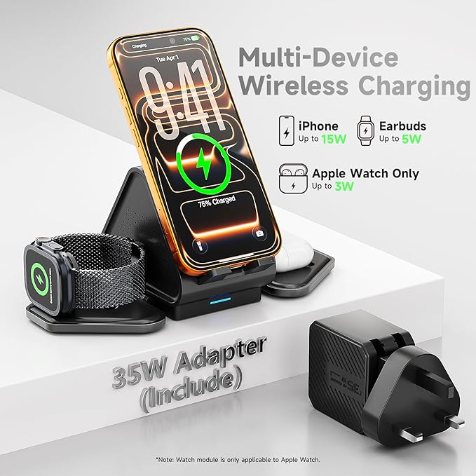 3 in 1 Charging Station Mag Safe Wireless Charger Stand Qi2-enable 15W Multiple Device Magnetic Charging Station for iPhone 1615141312 Series Apple Watch AirPods (USB-C Charger Included)