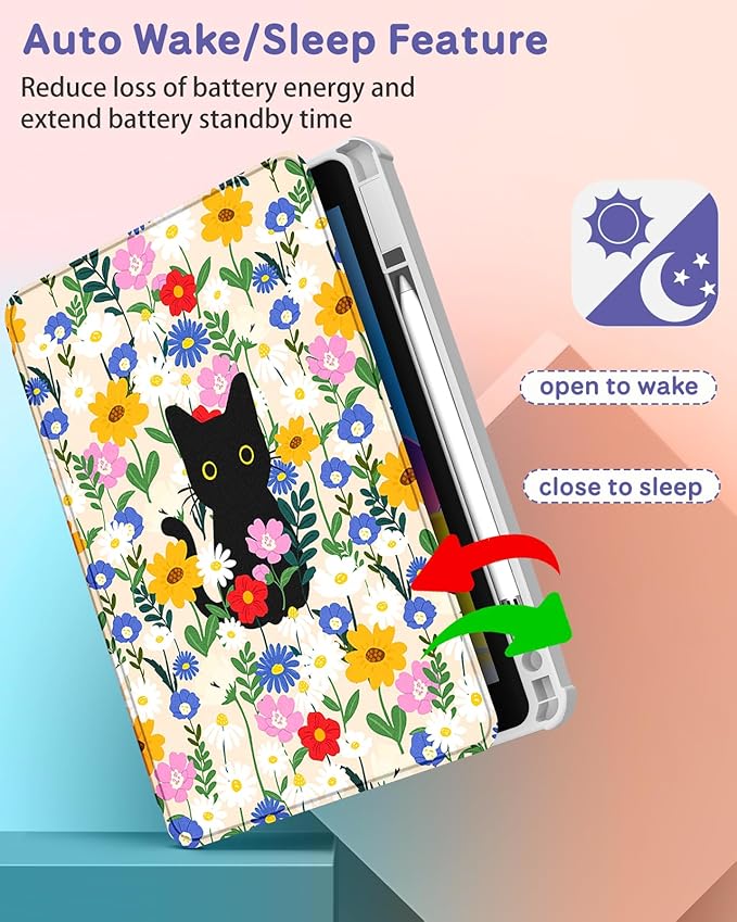 for iPad Air 13 inch Case(Air M4 2026/M3 2025/M2 2024) for iPad Pro 12.9 Case(6th/5th/4th/3rd/2nd/1st Gen) - 360 Rotating Smart Folio Cover with Pencil Holder for Women Girls Cat &amp Flowers