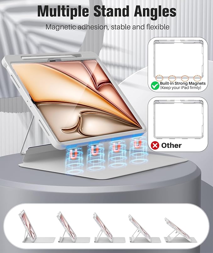 MoKo for iPad Air 13-Inch Case (M4/M3/M2) 2026/2025/2024 with Pencil Holder Heavy Duty 13 Inch iPad Air Case with Screen Protector Clear Back Lens Protector Multi-Angle Magnetic Stand Light Gray