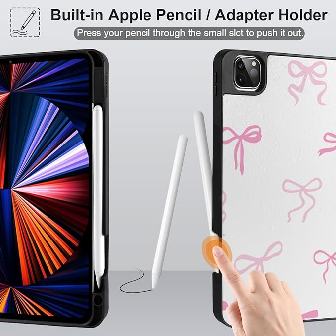 DONGKE Case for iPad Pro 12.9 inch 6th Generation 2022 Built-in Pencil Holder + Trifold Stand + Auto Wake/Sleep + Protective Cover for iPad Pro 12.9 5th/4th/3rd Gen - Pink Bows