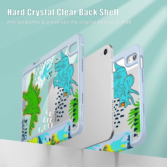 May Chen Slim Case for iPad mini 7 (A17 Pro 7th Generation) 2024 / iPad mini 6 (6th Gen) 8.3 Inch [Built-in Pencil Holder] Shockproof Cover Clear Clear Back Shell Auto Wake/Sleep Dinosaur