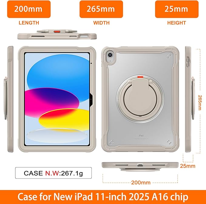 Batianda Ultimate Protective Case for New iPad 11th Generation 11 inch 2025 A16 Chip Sturdy Rugged Shockproof Silicone Tablet Cover with 360° Rotatable Ring Kickstand &amp Pencil Holder Khaki