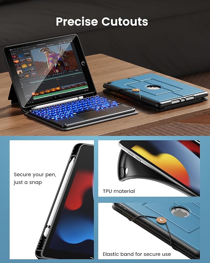 INFILAND Keyboard Case for iPad 9th/8th/7th Generation 10.2 Inch 7-Color Backlight &amp High Precision Trackpad Slim Detachable Folder Style Keyboard Case with Pencil Holder (Sky Blue)