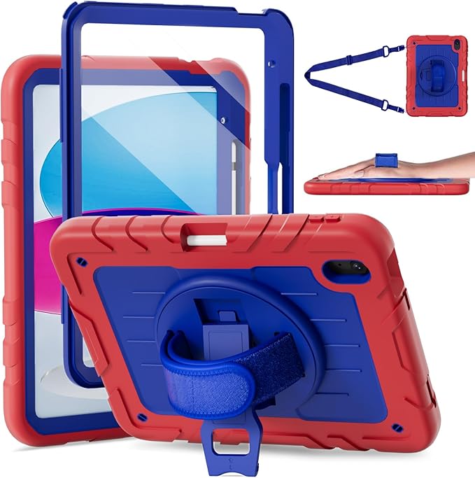 Case for iPad 10th Generation 10.9inch 2022with Built-in Screen Protector and KickstandHand StrapShoulder Strap for New Apple iPad 10.9 Inch(Red/Blue)