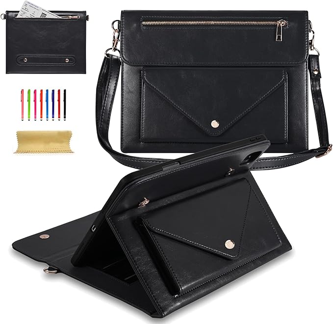 Dteck Case for iPad Air 13 (M2) 2024/iPad Pro 12.9 inch 6th/5th/4th/3rd GenerationPremium PU Leather Folio Stand Cover Pencil Holder Zipper Pocket Strap Shockproof Protective Business CaseBlack