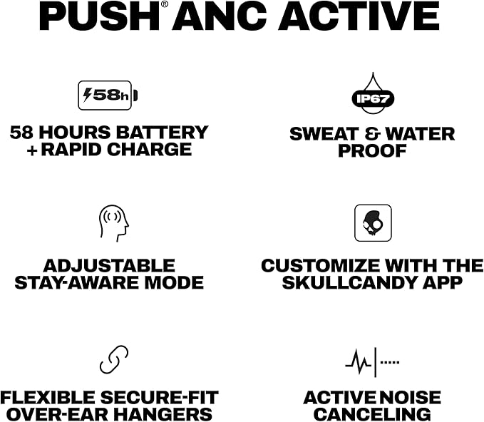 Skullcandy Push ANC Active Wireless Earbuds Bluetooth Headphones Noise Cancelling 58 Hours Battery Secure-Fit Over-Ear Hanger Sweat and Waterproof Microphone for iPhone Android - Primer