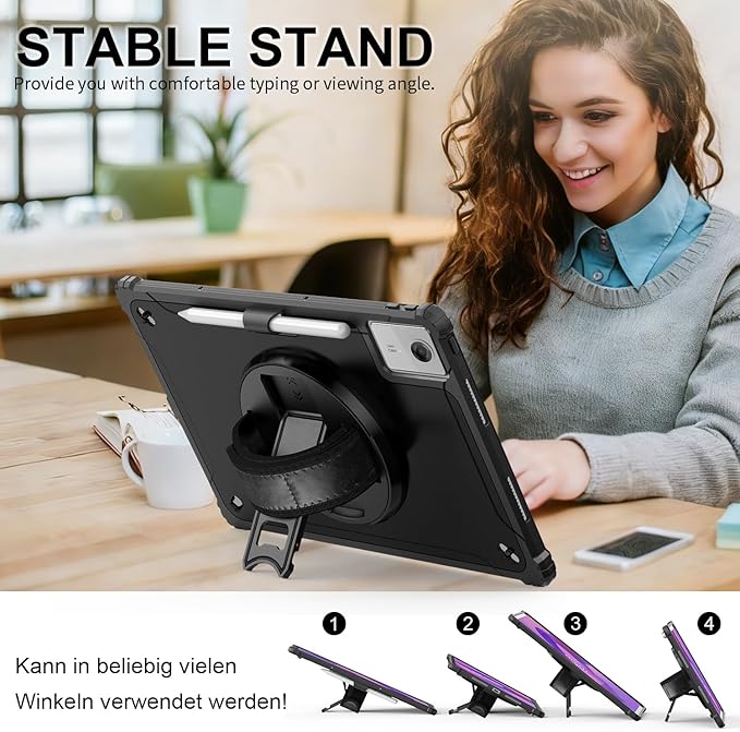 Junfire Protective Case for Lenovo Idea Tab Plus 12.1 inch 2025/Tab K12 Shockproof Hard Shell Idea Tab Plus Case with 360°Rotating Kickstand/Hand Strap/Shoulder Strap/Stylus Holder-Black