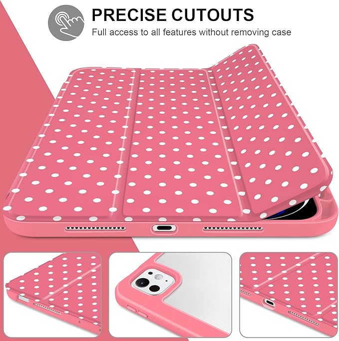 Case for iPad Pro 11 Inch (M5 2025 M4 2024) – [Built-in Pencil Holder] Shockproof &amp Stylish Clear Hard Back + Soft TPU Edge Magnetic Trifold Stand Auto Wake/Sleep Rose red White dot