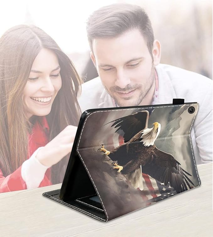 Case for Amazon Kindle Fire 7 Tablet (7 9th/7th Generation 2019/2017 Release) Slim PU Leather Cover with Card Slot &amp Auto Wake/Sleep American Flag Bald Eagle