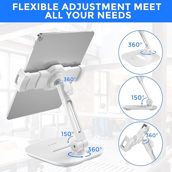 AboveTEK Tablet Stand Holder Stylish Aluminum iPad Stands Foldable 360° Swivel iPad iPhone Table Stand Holder fits 4-11 Tablets/Smartphones for Kitchen Bedside Office POS Showroom Reception (White)