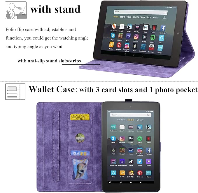 for Amazon Kindle Fire HD 8 &amp Fire HD 8 Plus Case 12th/10th Generation (2024/2022/2020) 8 UUcovers Embossed PU Leather Folio Magneic Cover with Stand/Pencil Holder Cherry Blossom Purple Cat