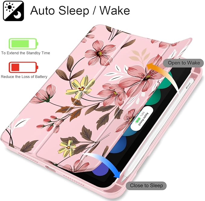 Mektron Printed Case for iPad mini 7 (A17 Pro) 2024/ Mini 6 2021 iPad mini 7th/6th Generation 8.3-inch Liquid Retina Display Cover Buit in Pencil Holder with Clear Back Shell Floral C293