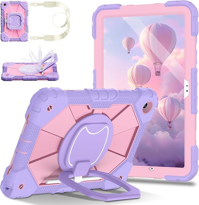 for Samsung Galaxy Tab A11+ Plus/A9+ 11 Inch Case 2025/2023 Cute Shockproof Silicone Business Protective Cover for Galaxy A9+/A11+ with 360 Rotating Stand Handle Shoulder Strap Purple Pink