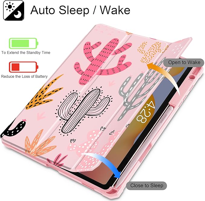 Mektron Case for Samsung Galaxy Tab S6 Lite 10.4 Inch 2024/2022/2020 with S Pen Holder Multi-Angle Viewing with Shockproof Cover Clear Shell + Trifold Stand + Auto Wake/Sleep Colorful Cacti
