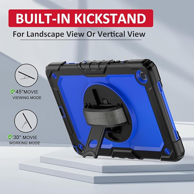 Ambison Case for Samsung Galaxy Tab A9+ Plus 11'' 2023 [Kids Proof] Full Body Protective Case with 9H Tempered Glass Screen Protector 360° Rotatable Kickstand &amp Hand Strap (Blue)