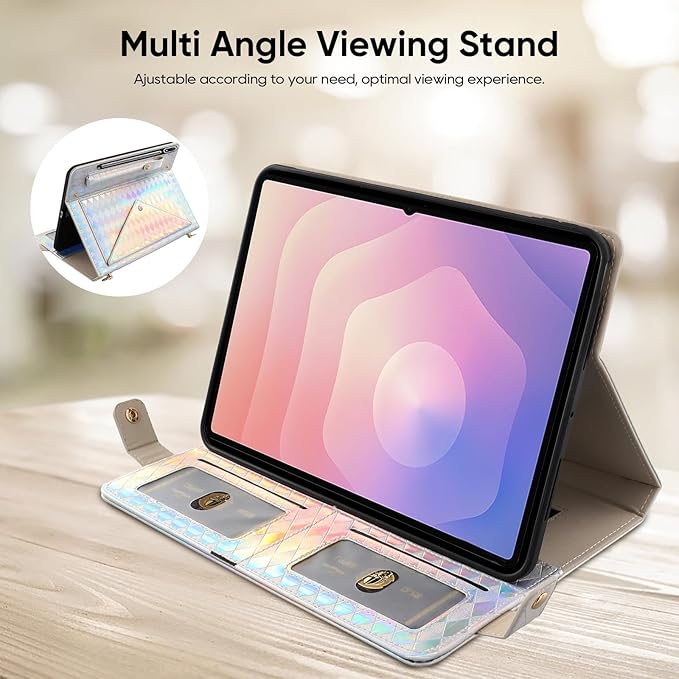 Tablet Carrying Shoulder Bag Case for Samsung Galaxy Tab S10 Lite/ S10 FE/S9 FE/S9/S8/S7 Iridescent Diamond Texture Envelope PU Leather Hand Strap Cards Holder Pocket S Pen Holder CaseSilver