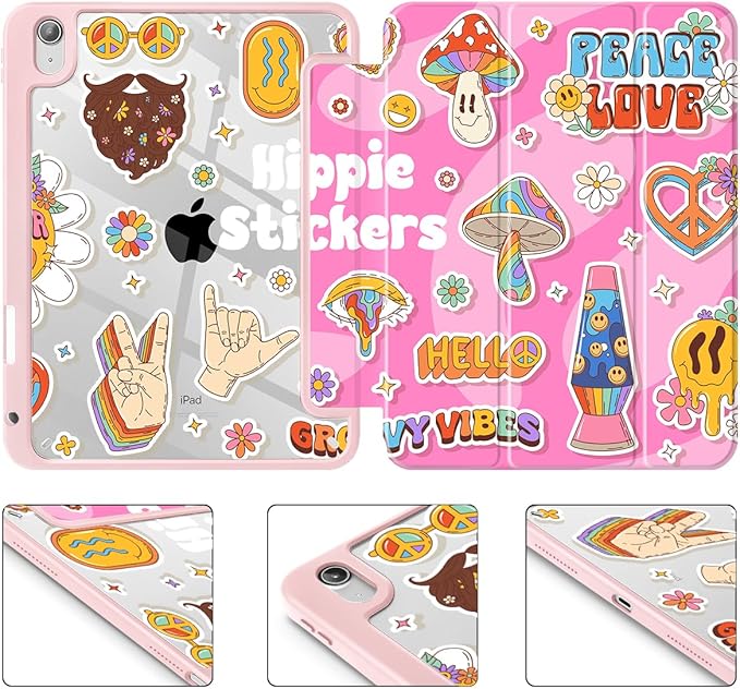 Case for iPad (A16) 11th Generation 11 Inch (2025) iPad 10th Generation 10.9 Inch (2022) Shockproof Cover with Clear Transparent Back Shell &amp Pencil Holder Groovy Hippie Stickers