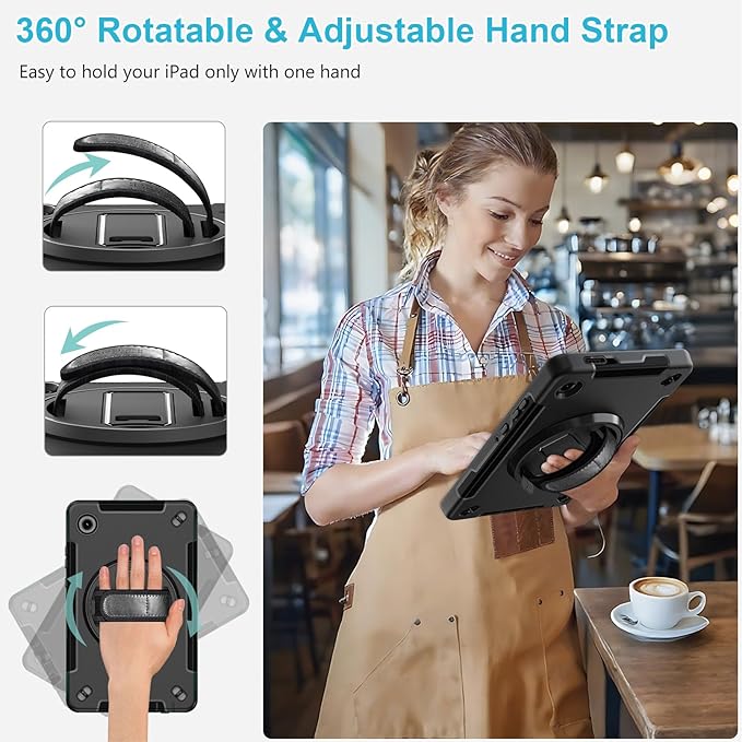 Case for Galaxy Tab A11 8.7 Inch: TPU Samsung Tablet A11 Cover 2025 with 360° Rotating Stand- Screen Protector -Hand Strap - Shoulder Strap - Pencil Holder - Black