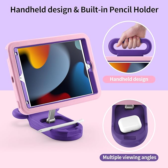 Kids Case for iPad 7th/8th/9th Gen 10.2 inchAdjustable Portrait/Landscape Stand//Drop Proof with Handle/KickstandChild Friendly Protective Cover for iPad 10.2 2021/2020/2019 (PinkPurple)