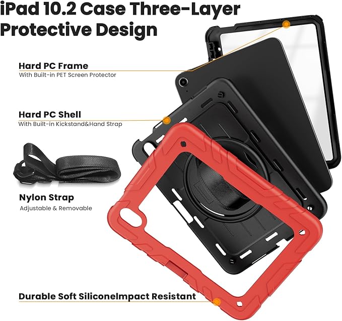 Case for iPad 10th Generation 10.9inch 2022with Built-in Screen Protector and KickstandHand StrapShoulder Strap for New Apple iPad 10.9 Inch(Red/Black)