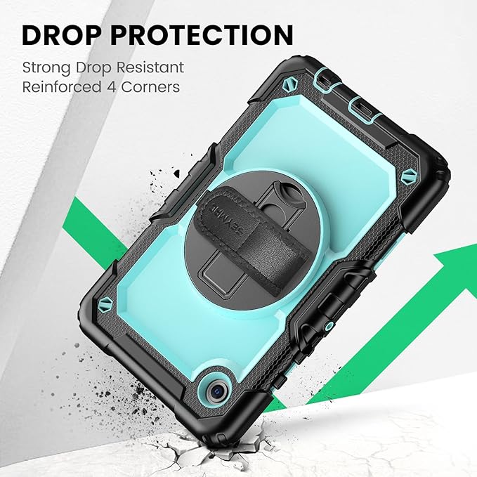 SEYMAC for Samsung Galaxy Tab A9 Case 8.7″ 2023 (SM-X110/X115/X117) Heavy Duty Shockproof Protective Case with Screen Protector Rotating Stand Hand/Shoulder Strap and Pen Holder Light Blue