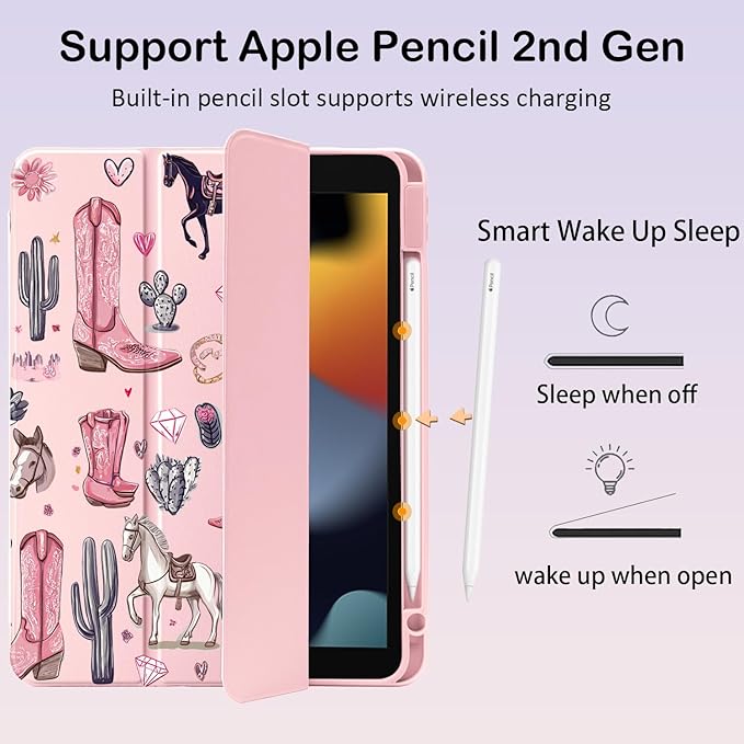 Cute Western Cowboy for iPad mini 7 A17 Pro 2024/iPad Mini 6 Case with Pencil Holder Auto Sleep/Wake Pink Leather Clear Acrylic Back Cover