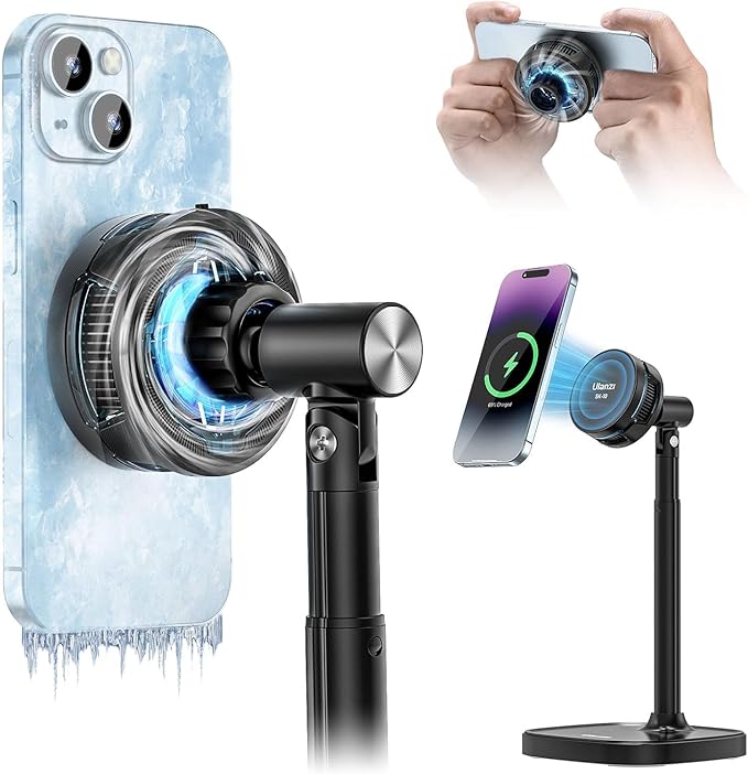 ULANZI SK-10 3 in 1 Semiconductor Cooling Fan - Magnetic Cell Phone Stand &amp Wireless Charger Height Adjustable Desk Holder Compatible with iPhone 17/Pro/Pro Max for Live Streaming Gaming &amp O