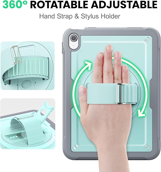 SEYMAC for iPad (A16) 11th/10th Generation Case 2025/2022 (11″/10.9″) Full-Body Shockproof Protective Case with Screen Protector 360° Rotating Stand and Hand/Shoulder Strap Light Blue/Grey