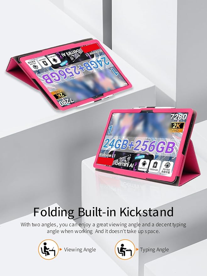for TABWEE T60 Pro/VekfulPC T60 Pro 13.4 Inch Android Tablet CaseBOVUGAC Folding Stand Protective Cover with Pencil Holder and Wrist StrapFull Protection Premium PUScratch Resistant(Rose Red)