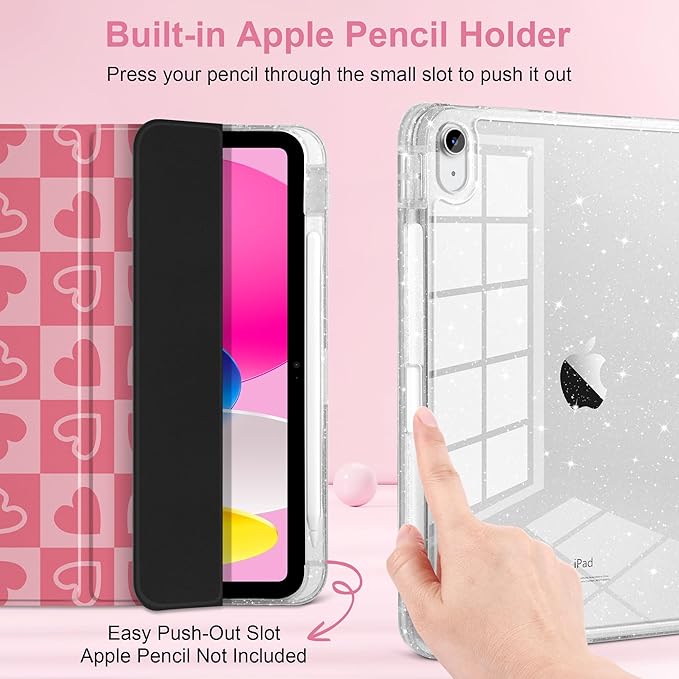 MEEgoodo Case for iPad A16 11th Generation 2025/10th Generation 2022 Glitter Tablet Cases with Transparent Acrylic Back+Trifold Stand +Pencil Holder+Auto Wake/SleepHearts &amp Pink Checkered