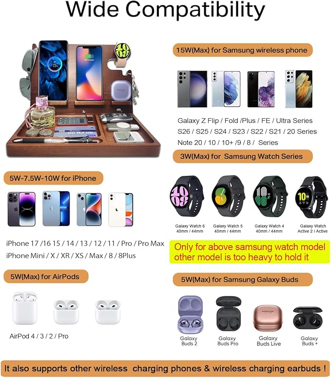 Wireless Charging Station for Samsung 2 Phones Galaxy Watch 7/6/5/4/3/2 Galaxy Buds Wood Phone Docking Station for men Android Charging Station Nightstand Organizer Phone Holder for Desk Gifts for Men