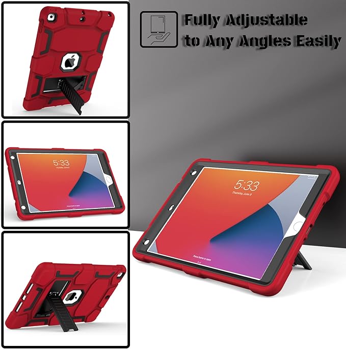 CCMAO for iPad 9th/8th/7th Generation 10.2 Inch Case 2021/2020/2019 with Kickstand Heavy Duty Shockproof Hybrid Three Layer Protective Cover Red+Black