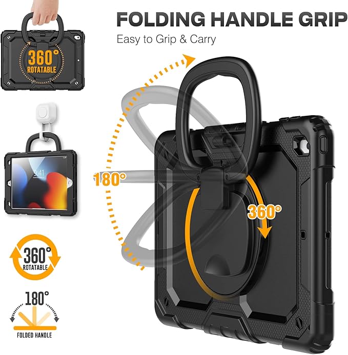 SEYMAC stock Shockproof Tablet Case for iPad 9th/8th/7th Generation 10.2 inch Full-Body Drop Protection Case with Pencil Holder &amp [360 Ring Handle Stand] Screen Protector (Black)
